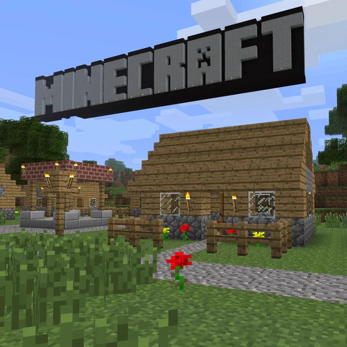 In-game image of the original Minecraft Xbox 360 tutorial world. A small wooden house is seen, along with grass growing out of the ground near the gravel paths. A built out "MINECRAFT" is floating in the sky.