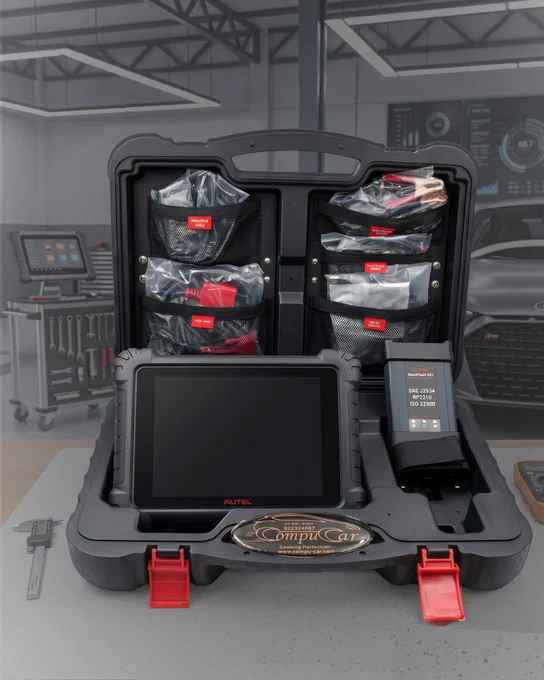 A series of professional images for "CompuCar" showcasing high-end "AUTEL" automotive diagnostic equipment, including an integrated diagnostic platform featuring Topology Mapping and ECU Coding. The collection displays the hardware in both a premium graphic design setting with neon accents and a realistic workshop environment, highlighting a large diagnostic tablet, the MaxiFlash VCI module, and organized connector kits. Each image prominently features the "CompuCar" branding and contact information, emphasizing professional-grade tools for modern vehicle maintenance and programming.