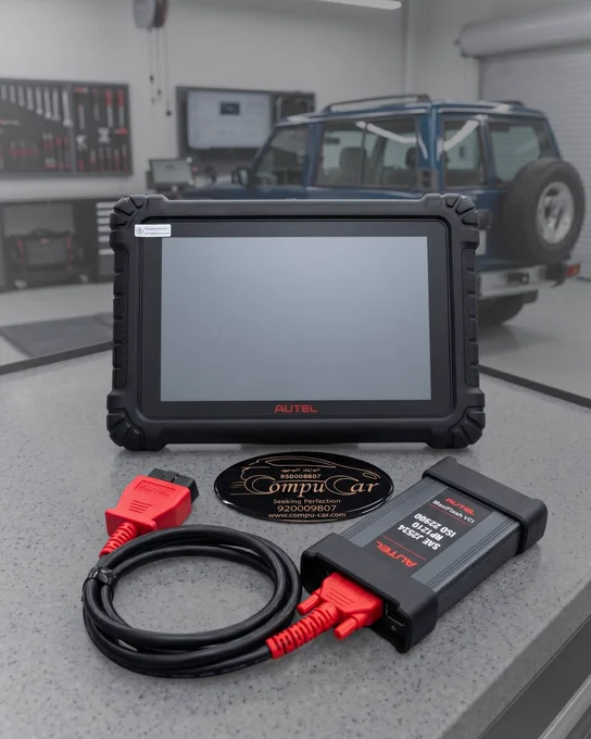 A series of professional images for "CompuCar" showcasing high-end "AUTEL" automotive diagnostic equipment, including an integrated diagnostic platform featuring Topology Mapping and ECU Coding. The collection displays the hardware in both a premium graphic design setting with neon accents and a realistic workshop environment, highlighting a large diagnostic tablet, the MaxiFlash VCI module, and organized connector kits. Each image prominently features the "CompuCar" branding and contact information, emphasizing professional-grade tools for modern vehicle maintenance and programming.