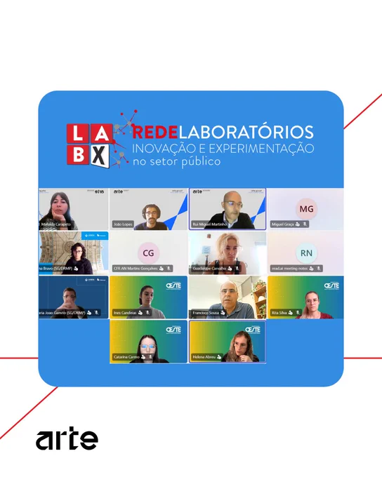 Imagem com o logótipo da “Rede de Laboratórios” (LABX) ao centro, sobre um painel azul que apresenta vários participantes da  8.ª Edição da Apresentação & Retorno da Rede de Laboratórios, em formato de reunião online, e com o logótipo “arte” no canto inferior esquerdo.