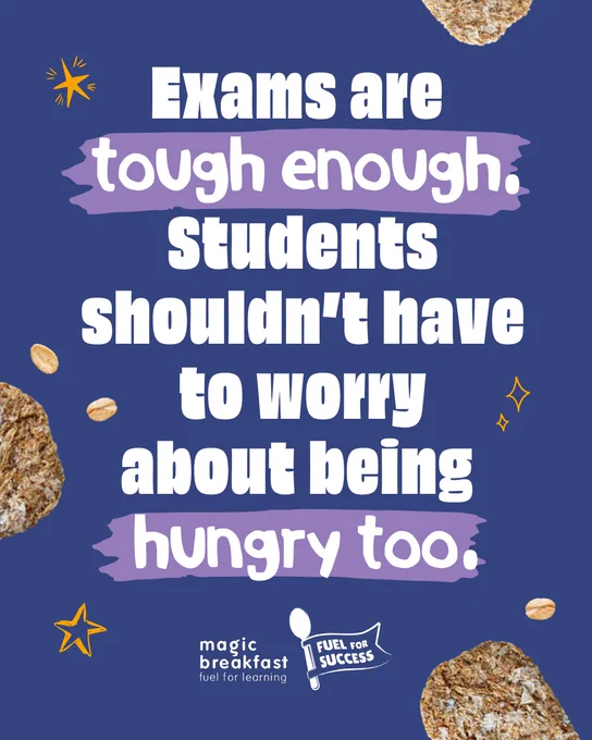 A dark blue background with bold white text in the middle: "Exams are tough enough. Students shouldn't have to worry about being hungry too." Weetabix frame the edges and there are doodles of stars.