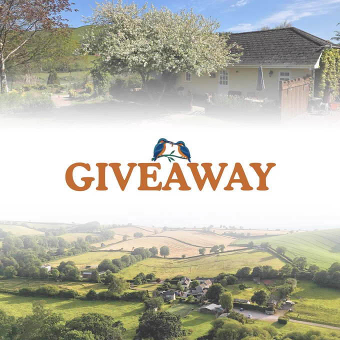 Bright countryside landscape with green fields and small houses. A “GIVEAWAY” text overlay. Above is a cosy house with a spring garden.