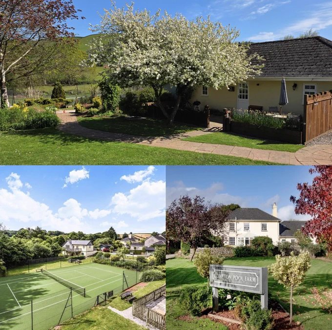 A charming countryside collage: A path leads to a cottage with blooming trees above; a sunny tennis court and sign for "Compton Pool Farm" surrounded by trees.