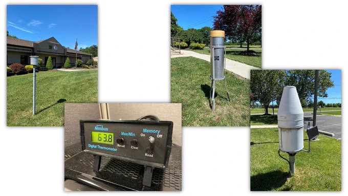Collage of weather observation equipment photographed outside a National Weather Service office on a sunny day. The left image shows a small white louvered temperature sensor mounted on a metal pole in a grassy area near the building entrance and flagpole. The upper center image shows a cylindrical metal rain gauge mounted on legs beside a sidewalk and lawn. The lower center image is a close-up of a digital thermometer display reading 63.8 degrees. The right image shows a larger white precipitation gauge with a solar panel attached, positioned near a parking area and trees. The overall collage highlights cooperative weather observing instruments used for measuring temperature and precipitation.
