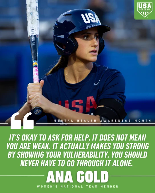 A USA softball player holding a bat shares a message about mental health awareness, emphasizing the strength in vulnerability.