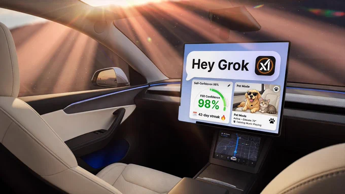 Tesla vehicle interior showing the screen with “Hey Grok XAI”.