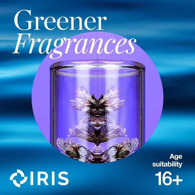 The background features a blue, water image. In the centre in the shape of a circle is an image of the top of a test tube, with a symmetrical floral pattern inside. The text reads: Greener Fragrances, age suitability 16 