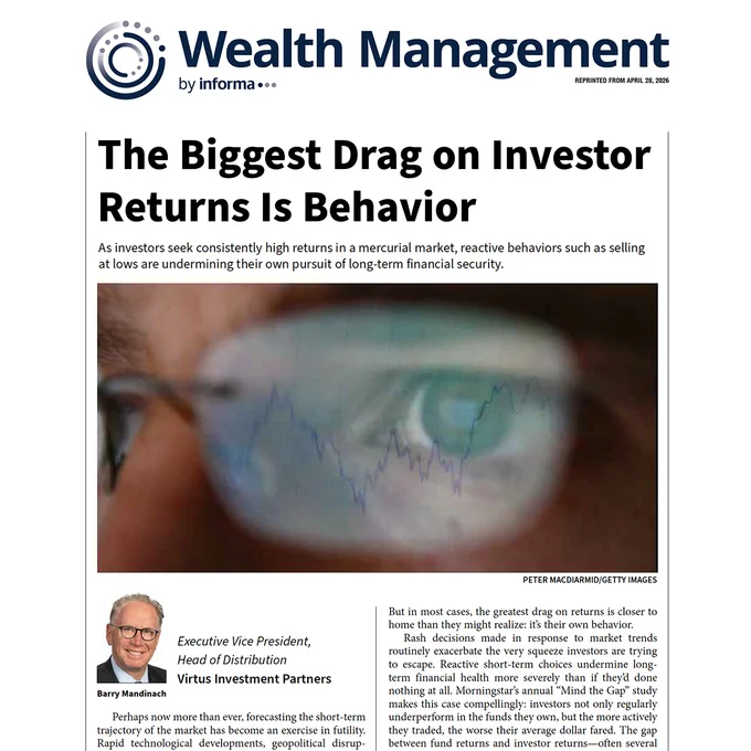 Wealth management article thumbnail image. Article is "The Biggest Drag on Investor Returns is Behavior" and beneath the article title, displays a closeup photograph of a person's eyes behind glasses.