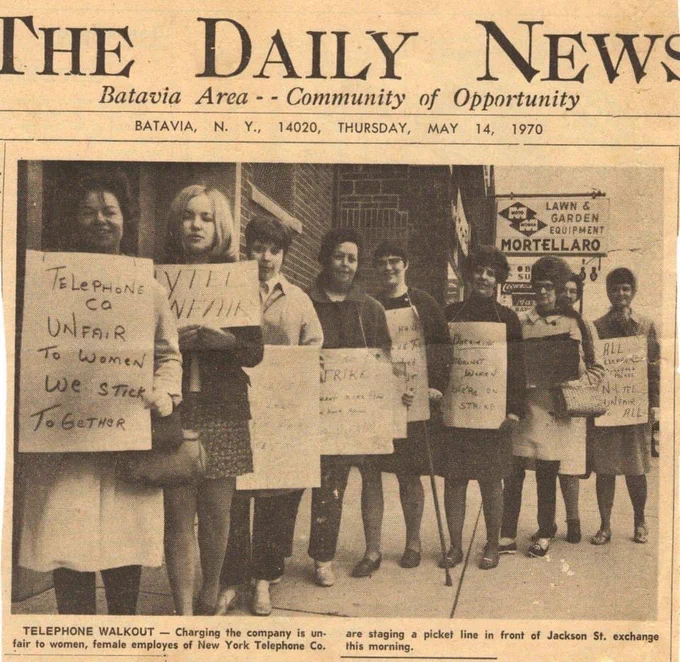 Women picketing in front of Jackson Street Exchange in Batavia, New York.

Newspaper caption text:
“TELEPHONE WALKOUT — Charging the company is unfair to women, female employees of the New York Telephone Co. are staging a picket line in front of Jackson St. exchange this morning.”