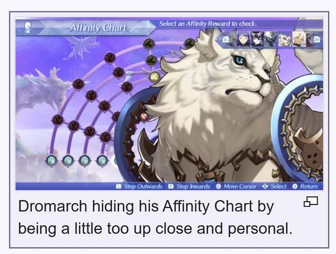 Screenshot of an image of the List of bugs and glitches (XC2) page on Xeno Series Wiki. The image features Dromarch's affinity chart, but Dromarch's image is very large due to a glitch, and he obscures half the chart as a result. The caption reads: "Dromarch hiding his Affinity Chart by being a little too up close and personal."