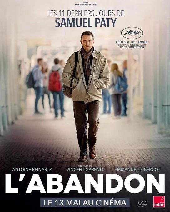 Affiche du film "L'abandon" de Vincent Gareng. En sous-titre les 11 derniers jours de Samuel Paty au centre l'acteur qui l'incarne à la perfection Antoine Reinartz