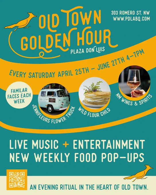 Old Town Golden Hour event poster promoting live music, weekly food pop-ups, and local vendors every Saturday from April 25 to June 27, 4-7 PM.