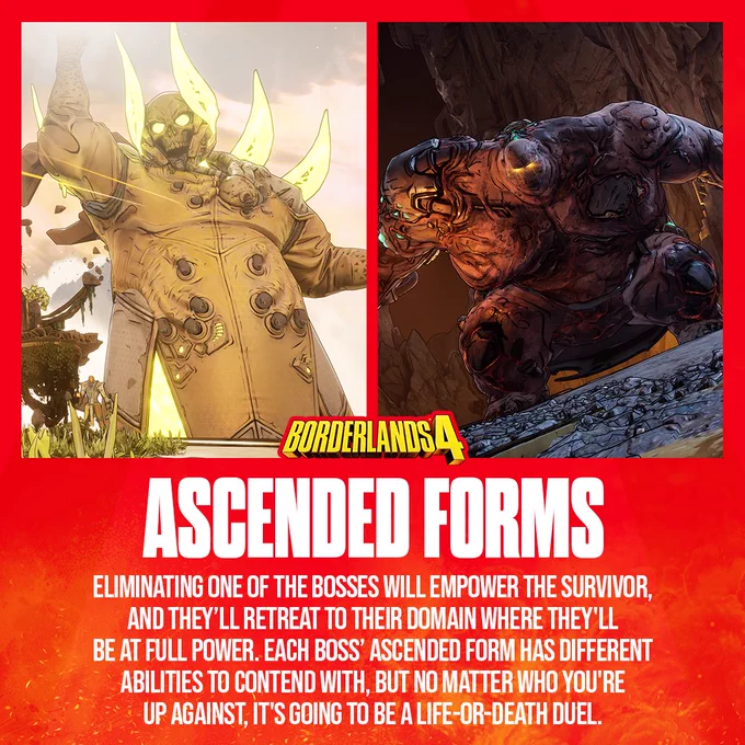 Subjugator and Thol in Borderlands 4 Raid Boss 2. The text reads: ASCENDED FORMS. ELIMINATING ONE OF THE BOSSES WILL EMPOWER THE SURVIVOR, AND THEY'LL RETREAT TO THEIR DOMAIN WHERE THEY'LL BE AT FULL POWER. EACH BOSS' ASCENDED FORM HAS DIFFERENT ABILITIES TO CONTEND WITH, BUT NO MATTER WHO YOU'RE UP AGAINST, IT'S GOING TO BE A LIFE-OR-DEATH DUEL.