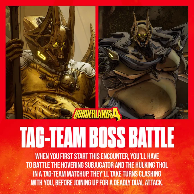 Subjugator and Thol in Borderlands 4 Raid Boss 2. The text reads: TAG-TEAM BOSS BATTLE. WHEN YOU FIRST START THIS ENCOUNTER, YOU'LL HAVE TO BATTLE THE HOVERING SUBJUGATOR AND THE HULKING THOL IN A TAG-TEAM MATCHUP. THEY'LL TAKE TURNS CLASHING WITH YOU, BEFORE JOINING UP FOR A DEADLY DUAL ATTACK.
