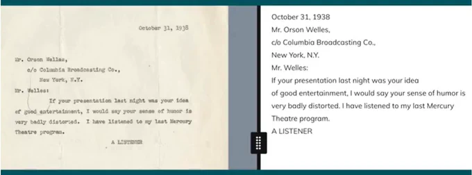A typewritten letter addressed to Orson Welles, care of Columbia Broadcasting Company in New York, along with the digital version created from a volunteer transcription.