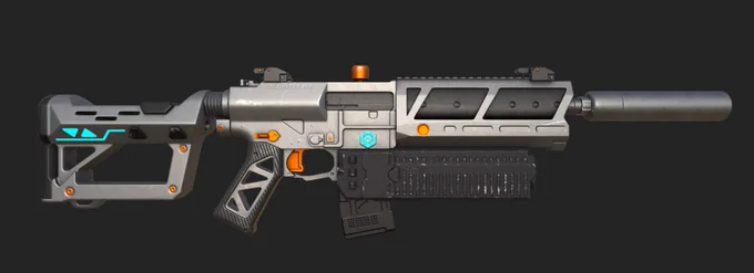 A 3D model of the Celeritas M4 sci-fi rifle. The body is made of matte silver metal with black accents. The weapon is equipped with a suppressor, a massive underbarrel module, and a skeletonized stock. The design is accented with bright orange details and blue neon lighting.