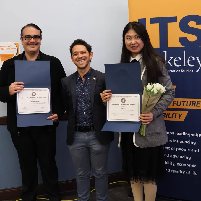 PhD Co-Student of the Year Michael A. Montilla, Acting ITS Director Scott Moura and PhD Co-Student of the Year Zhe Fu