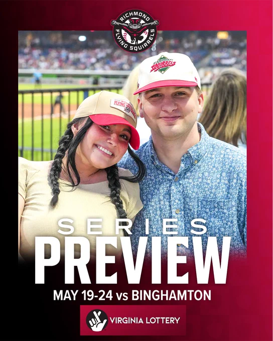 A couple poses happily at a Richmond Flying Squirrels baseball game. The image promotes the upcoming series against Binghamton.