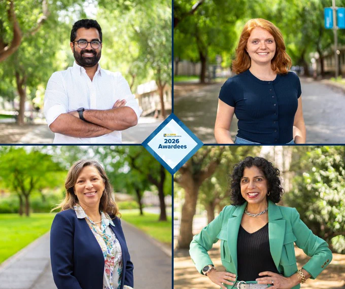 Portraits of four faculty members collaged on a blue background with logo that reads 2026 Awardees.