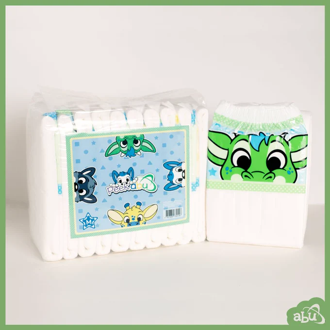 Product photo of ABU's PeekABU adult diaper. A white diaper featuring a landing zone design of four different cartoon animal characters (Racoon, Husky, Giraffe and a Dragon).