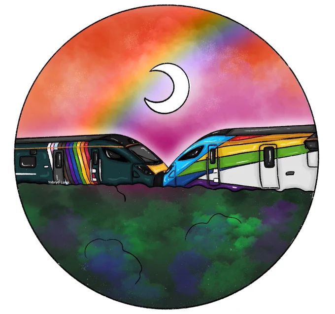 Two hitachi rail class 80X trains coupled up behind a hedge with the moon above them and a sunset background
On the left is 800008 trainbow with gwr green and pride livery and the one on the right is 802213 unity with tpe pride colours