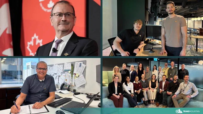 Collage of workplace scenes including a formal speaker with Canadian flags, two colleagues discussing at a table, an employee working at a desk with papers, and a group portrait in a bright office space. 

Montage photo de scènes au travail comprenant une allocution officielle avec des drapeaux canadiens, deux collègues en discussion autour d’une table, une personne travaillant à un bureau avec des documents, et une photo de groupe dans un espace de bureau lumineux. 