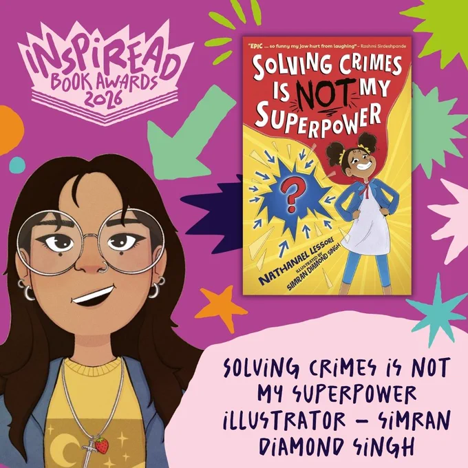 A graphic featuring an illustrated self-portrait  of Simran Diamond Singh, a young Brown woman with glasses and long dark hair.