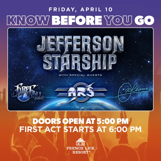 Promotional poster for a concert event featuring Jefferson Starship with special guests Firefall, Atlanta Rhythm Section, and Orleans. Event date is Saturday, May 16, held at French Lick Resort. Doors open at 5:00 PM, and the first act starts at 6:00 PM. The background shows a starry sky merging into a sunset.