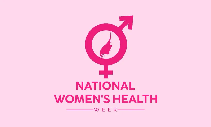 Graphic for National Women’s Health Week featuring a pink combined female/male gender symbol with a woman’s profile silhouette inside it, above the words “National Women’s Health Week” on a light pink background.