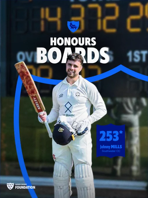 ECB Honours Boards - Player wearing white raises bat in front of a scoreboard
253*
Johnny Mills
Southwater CC