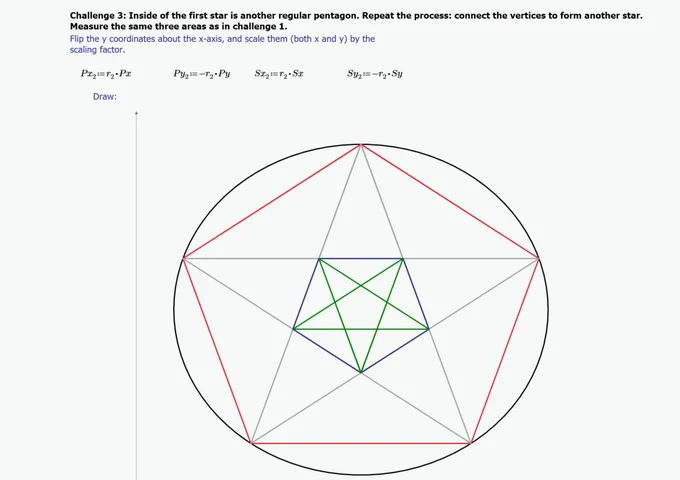 PTC Mathcad Prime worksheet of the Mathcad Community Challenge May 2026: Starman Star Geometry.
Challenge 3: Inside of the first star is another regular pentagon. Repeat the process: connect the vertices to form another star. Measure the same three areas as in challenge 1.