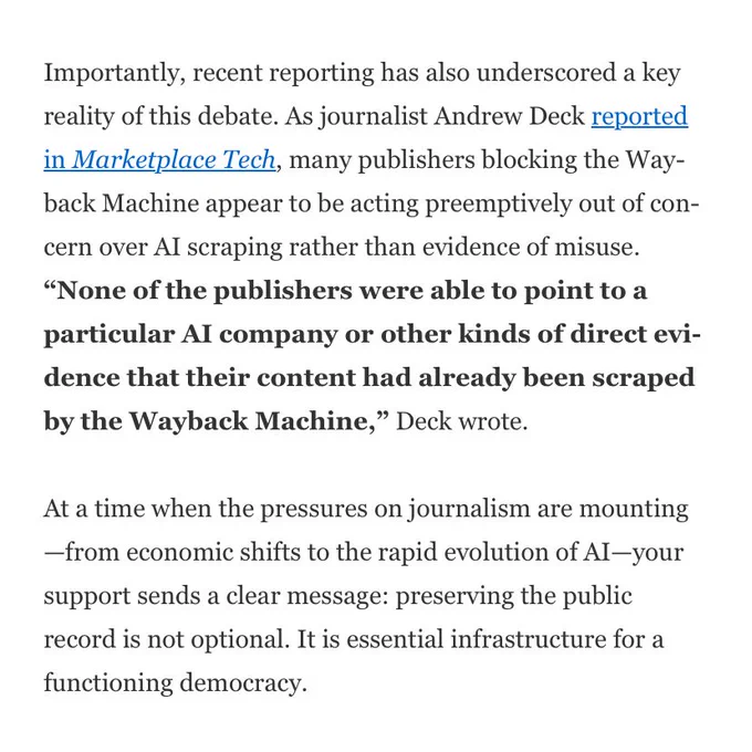 Screenshot of a section of Mark Graham's letter citing Marketplace Tech reporting that publishers blocking the Wayback Machine appear to be acting on AI concerns rather than evidence of actual misuse.