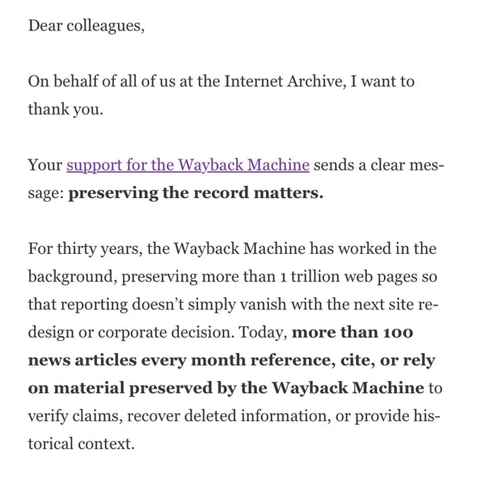 Screenshot of the opening of Mark Graham's letter, thanking journalists for their support and noting the Wayback Machine's thirty-year role in preserving over one trillion web pages for the public record.
