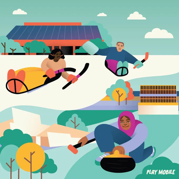A graphic design image of 3 humans playing sledge hockey and one curling. 