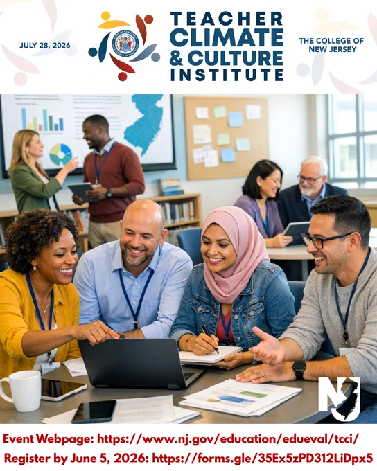 Photograph of a family of four sitting together with a father reading a book to two children and a mother, illustrating K-3 early elementary alignment resources. Text at top in bold blue letters highlights educational support for young learners, with decorative blue doodles and a New Jersey Department of Education logo at bottom left.