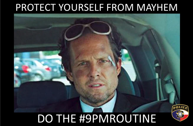 Image is of Allstate commercial and says Protect yourself from Mayhem. Do the 9pm routine