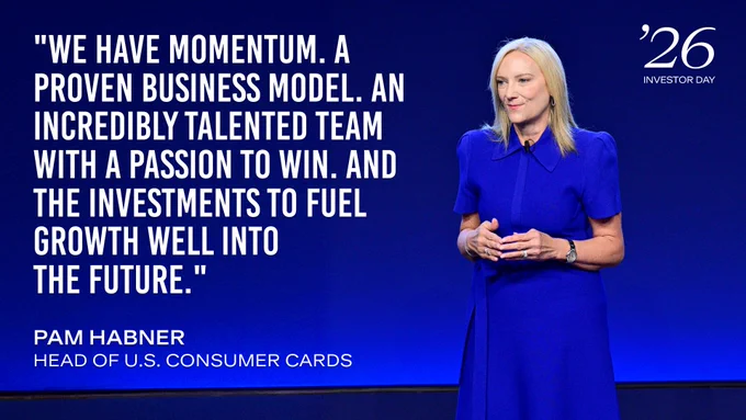Graphic featuring an image of Pam Habner speaking on stage, the Investor Day logo, Habner's title (Head of U.S. Consumer Cards) and the following quoted text: \"We have momentum. A proven business model. An incredibly talented team with a passion to win. And the investments to fuel growth well into the future.\"\n 