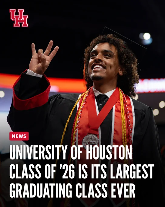 Graduate in a black and red gown smiles and makes the Cougar hand sign during a University of Houston commencement ceremony. A headline reads, ”University of Houston Class of ’26 Is Its Largest Graduating Class Ever.”