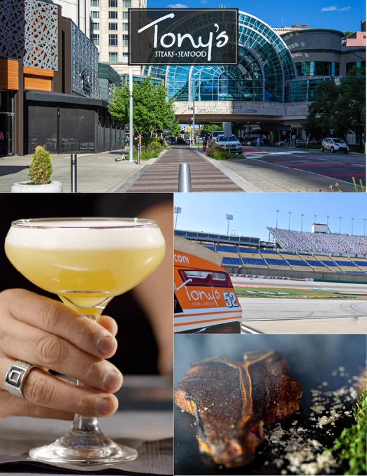 Collage of photo of downtown Indianapolis, a race car, a porterhouse steak and cocktail in a coupe glass