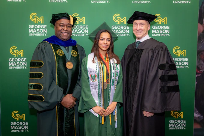 Graduates celebrate before the 2026 Spring Commencement at EagleBank Arena.     Photo by Andani Munkaila/Creative Services/George Mason University