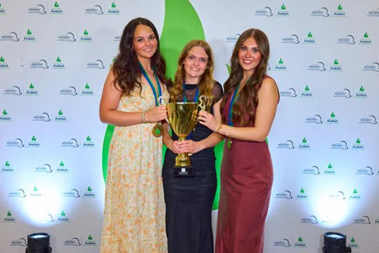 Blue Valley West’s ProStart restaurant management team standing and smiling with trophy.