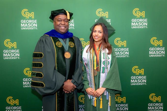 President Gregory Washington and Student speaker Saniya Dilip Darediya at the VIP reception prior to the 2026 Spring Commencement at EagleBank Arena on Thursday, May 14, 2026. Photo by John Boal/George Mason University