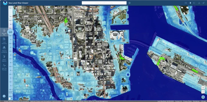 NOAA sea level visualization mapper which shows Biscayne Boulevard and Trump presidential library site underwater with 8 ft sea level rise.