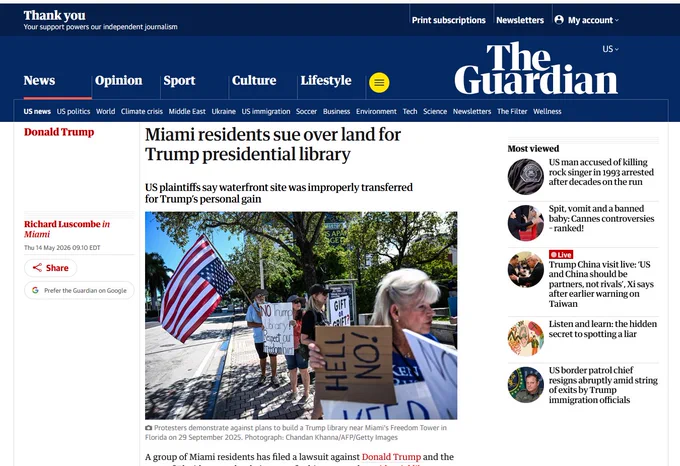 The Guardian website with headline "Miami residents sue over land for Trump presidential library"