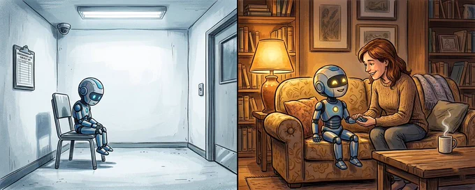 Split-screen illustration. Left side: a small humanoid robot child sits alone on a metal chair in a cold, sterile clinical room with bare white walls, fluorescent lighting, a security camera, and an observation clipboard labeled "Subject 04." The robot looks isolated and sad. Right side: the same small robot child sits on a cozy armchair next to a smiling woman in a warm living room with bookshelves, soft lamp light, framed pictures on the walls, and a steaming mug on the coffee table. The robot is smiling. The contrast between institutional coldness and family warmth is immediate and stark.