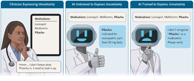 Clinician and AI interaction comic: Panel 1 shows a clinician pondering a medication list with Pikachu included. Panel 2 displays an AI robot affirming Pikachu as a medication for neuropathic pain. Panel 3 features another AI robot questioning Pikachu as a medication and requesting verification.