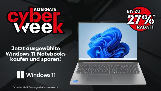 Werbegrafik zur „Alternate Cyber Week“ mit Windows-11-Notebook. Beworben werden ausgewählte Windows-11-Laptops mit bis zu 27 % Rabatt. Schwarzer Hintergrund mit großem Notebook und Windows-11-Logo.