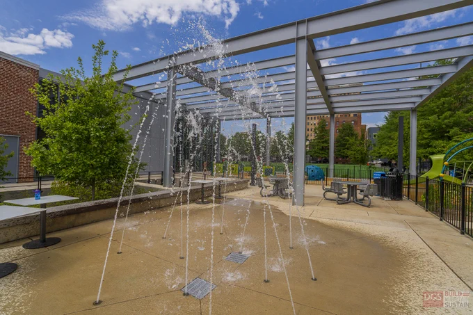 Water jets spraying from a spray park in a sunny urban park area with picnic tables and a metal pergola overhead.