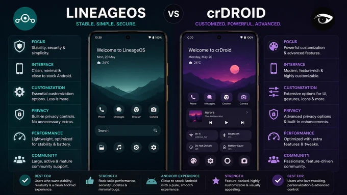 Comparison of LineageOS and crDroid. LineageOS is stable and minimal; crDroid offers advanced customization. Both display phone interfaces.