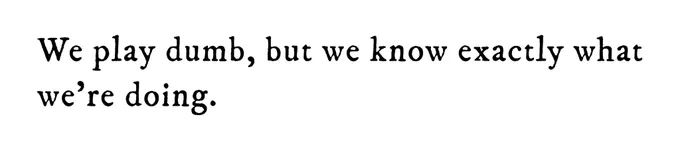 Black text on white background reading: We play dumb, but we know exactly what we’re doing.